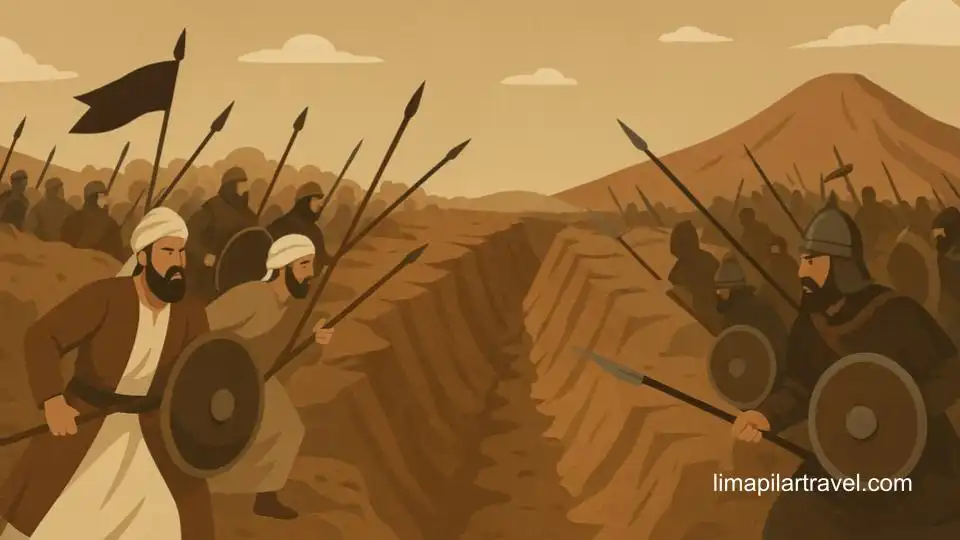 Gambaran dari kisah perang Khandaq di mana ada parit antara kaum muslim dan tentara koalisi kafir.