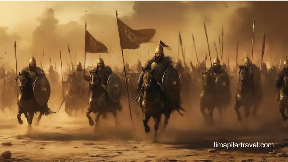 Gambaran pasukan dari kisah Perang Uhud. Kaum Muslim awalnya menang tapi berakhir dengan kekalahan.